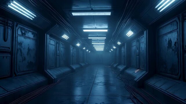 Gloomy spaceship corridor with blue lighting. Abandoned metal hallway of futuristic vessel. Science fiction mystery interior for cinematic horror and spooky film.