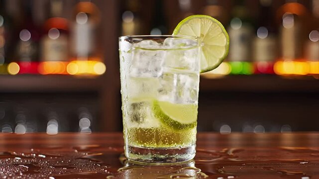 Refreshing Caipirinha Cocktail with Lime and Ice on a Bar Counter.