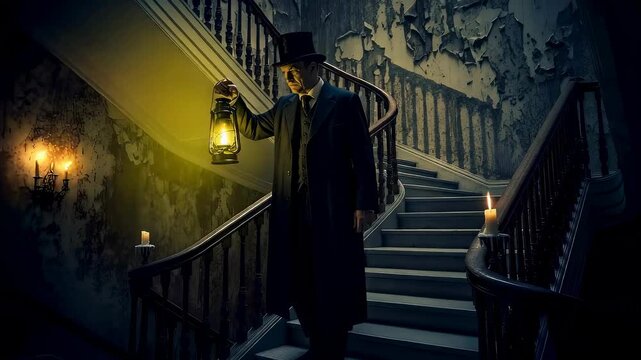 Man in vintage coat and top hat holding lantern on wooden staircase. Victorian gentleman exploring dark haunted mansion, halloween horror mystery thriller concept.