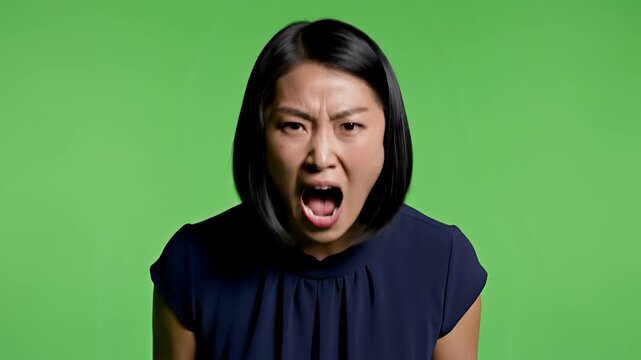 Young Asian Woman Expressing Anger and Frustration on Green Screen Background.