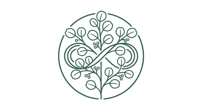 Stylized infinity symbol with leaves and branches inside a circle.