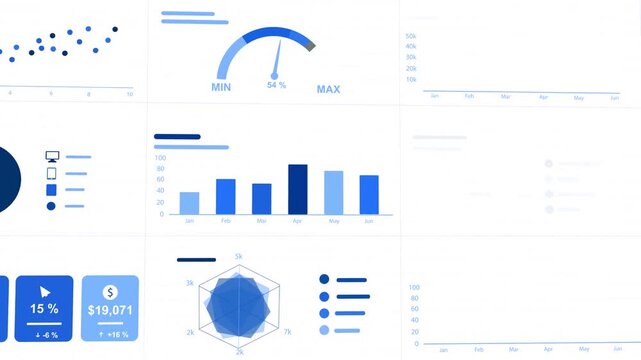 Creative Business Data Dashboard With Interactive Charts, Financial Graphs, KPI Widgets And Global Analytics Elements. Clean Blue Modern Statistics, Reports And Digital Performance 