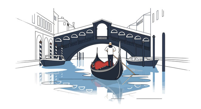 Vector illustration of a gondolier rowing a boat through a canal in Venice