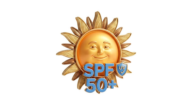 Smiling sun icon with spf 50 text on transparent background