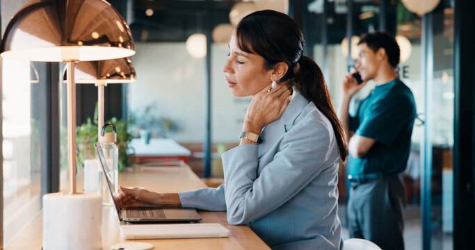 Neck pain, laptop or woman in agency with strain, burnout or joint tension in muscle injury. Tendinitis, bad posture or employee in workplace with discomfort, stiffness or fatigue in cervical sprain.