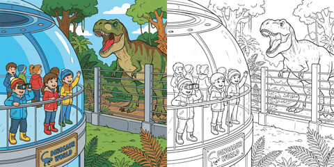  children visiting dinosaur world theme park cartoon clipart and lineart print vector illustration for color coloring book © Avijit