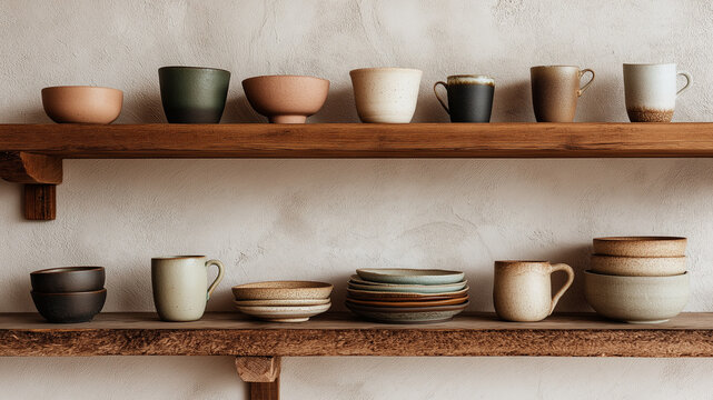 Minimal ceramic kitchen shelves interior. Handmade cups, bowls, and plates arranged on wooden shelves with neutral wall background. Rustic home decor concept for pottery studio or kitchen design