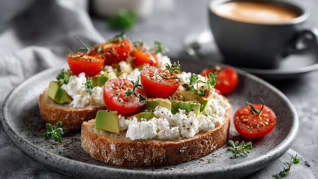 Tomato ricotta bruschetta breakfast toast. Crispy bread topped with cottage cheese, cherry tomatoes, herbs, and olive oil on ceramic plate. Healthy food concept for cafe menu, restaurant ad