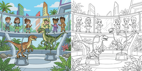  children visiting dinosaur world theme park cartoon clipart and lineart print vector illustration for color coloring book © Avijit