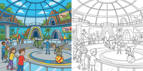  children visiting dinosaur world theme park cartoon clipart and lineart print vector illustration for color coloring book © Avijit