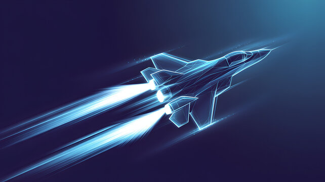 Futuristic fighter jet in motion with glowing blue light trails against a deep blue gradient