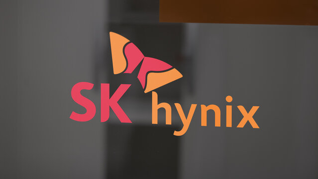 February 6th 2026, SK Hynix logo on an indoor window.