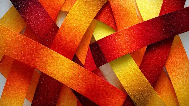 Abstract geometric composition featuring overlapping textured paper strips in vibrant warm shades of red orange and yellow creating a dynamic layered visual effect