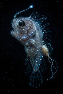 Biolumineszenter Tiefsee-Anglerfisch mit leuchtender Angel in der Dunkelheit