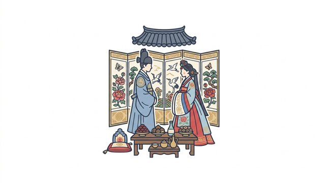 Traditional Korean Couple in Royal Attire During Ceremony.