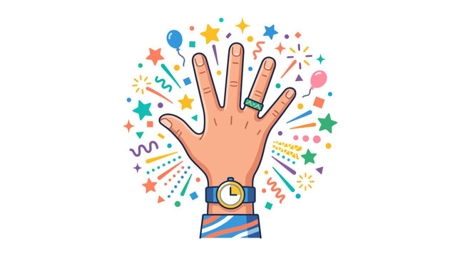 Celebratory Hand with Confetti and Streamers.