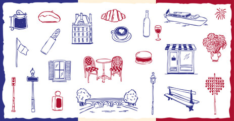france doodle icon hand drawn vector illustration collection set