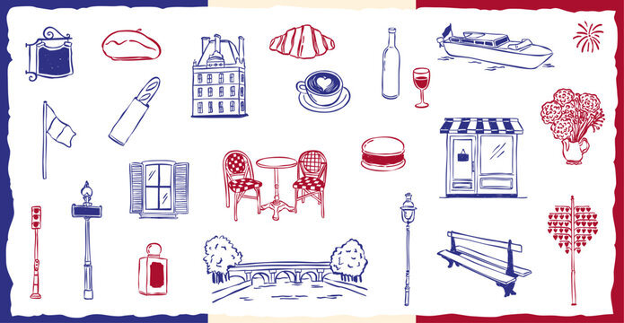 france doodle icon hand drawn vector illustration collection set