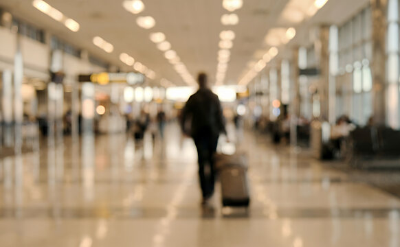 A blurred view of a busy airport terminal, with travelers walking and carrying luggage. The setting conveys a sense of movement and transit.