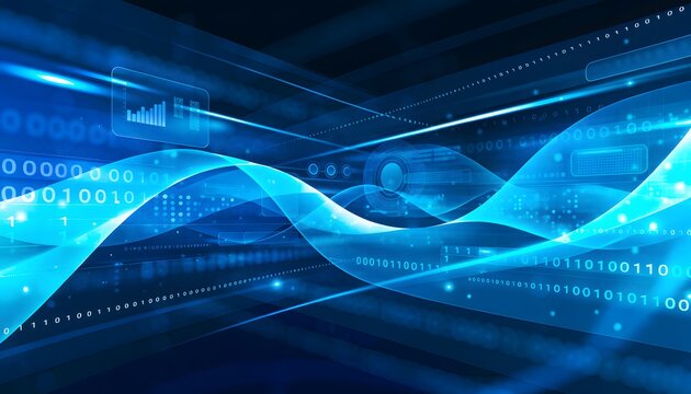 Futuristic digital wave technology in neon blue data flow with glowing particles