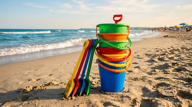 Colorful stack of beach buckets and spades resting on sandy shore with gentle ocean waves in background
