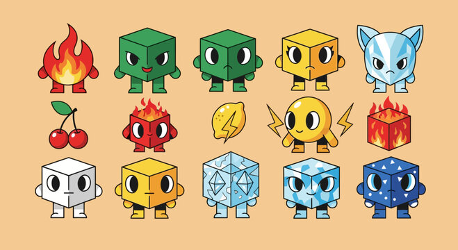 Set of stylized cube characters and elemental icons for games