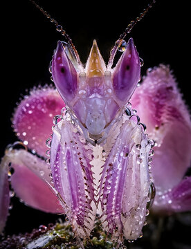 Orchideenmantis im glitzernden Tautropfenkleid