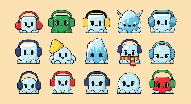Cute Cartoon Ice Cube Characters with Winter Accessories and Headphones