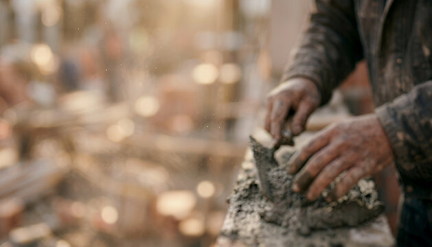 A construction worker skillfully shaping wet cement on a building site. The blurred background showcases ongoing construction activities in a lively environment.