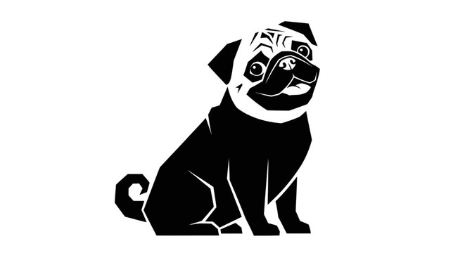 Minimalist Black and White Vector Illustration of a Sitting Pug Dog.