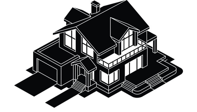 House Silhouette With Garage And Chimney Black And White Graphic