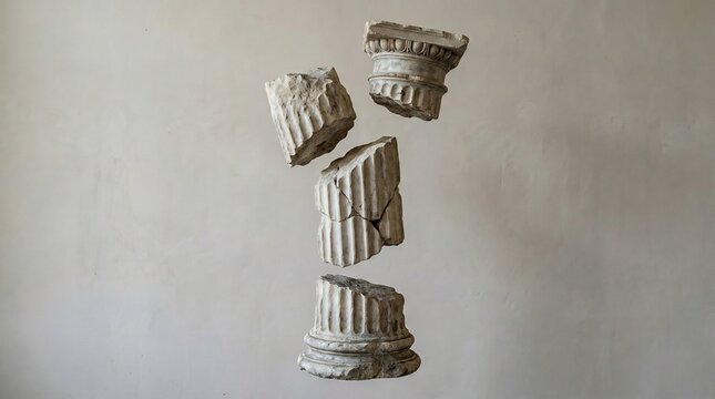 Fragmented Ancient Greek Column Capital and Shaft Pieces Floating.
