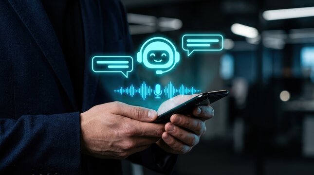 Man using smartphone with AI chatbot holographic interface, showing voice assistant and conversation icons, representing artificial intelligence communication and customer service.