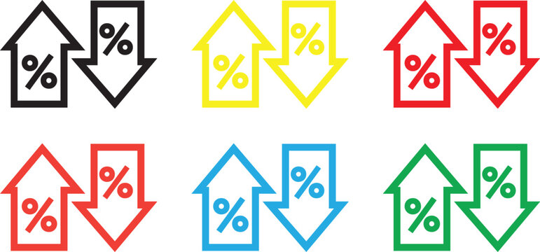 Percentage arrow icons showing increase and decrease in black, yellow, red, blue, and green for financial growth, statistics, and economic change concepts