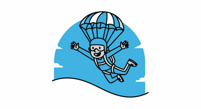 Joyful person parachuting with colorful open parachute outdoors.