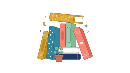 Obraz premium Colorful Stack of Books with Bookmark and Decorative Elements.