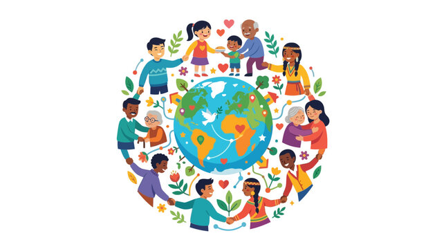 Diverse Group of Children Holding Hands Around Globe in Circle.
