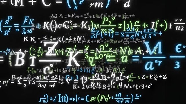 Abstract background of glowing mathematical formulas and equations in motion.