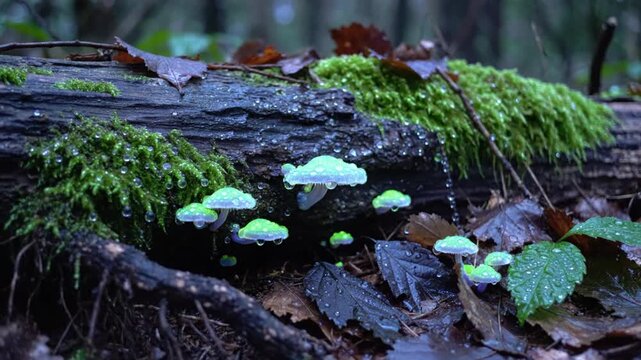 Glowing green mushrooms on a wet log with moss and leaves in a forest