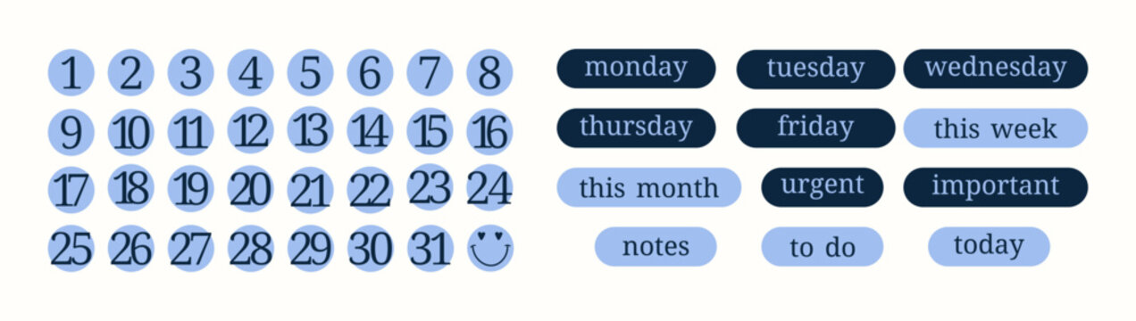 Planner Stickers Set with Calendar Numbers and Productivity Labels for Digital Notes and Journals