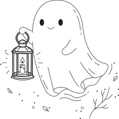 Cute little ghost holding lantern line art vector illustration for halloween © EstuPutri
