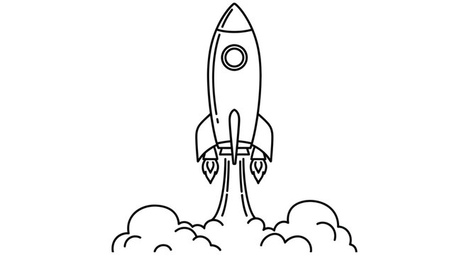A simple black and white illustration of a rocket launching upwards