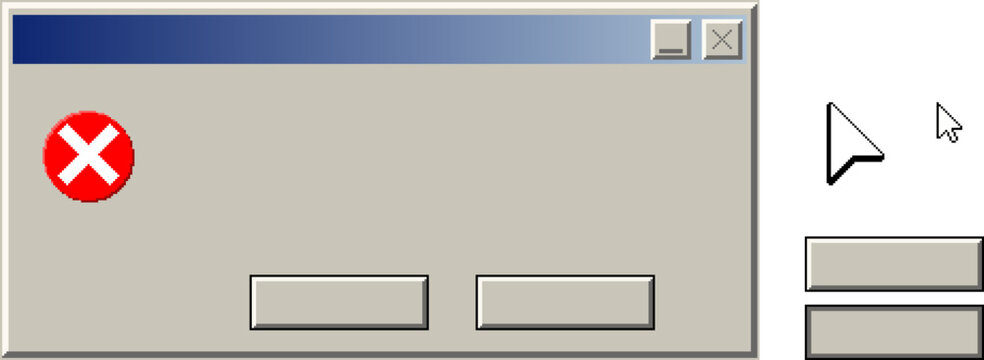 Retro pixel style computer error dialog window with red cross symbol, blank buttons and mouse cursors. Classic 90s desktop operating system interface elements inspired by vintage computer UI design.