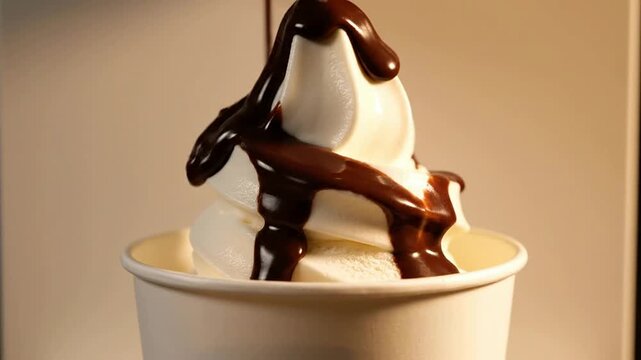 Close-Up of Soft Serve Ice Cream in a Paper Cup with Creamy Swirl and Smooth Peaks on a Blurred Background