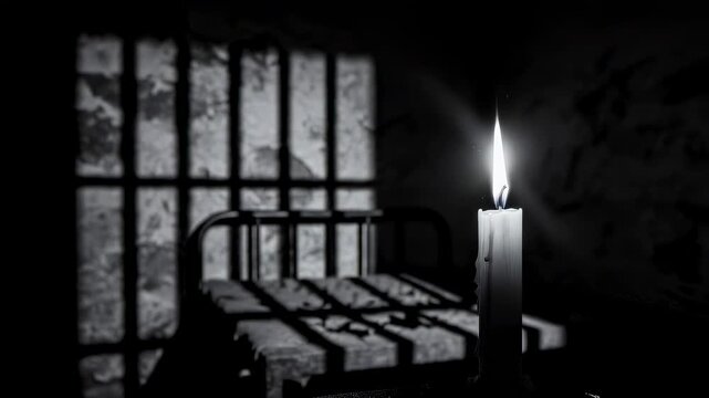 Burning candle in dark prison cell with metal bed frame. Scary horror environment for Halloween concept. Dim lighting and shadow on wall from window bars jail.