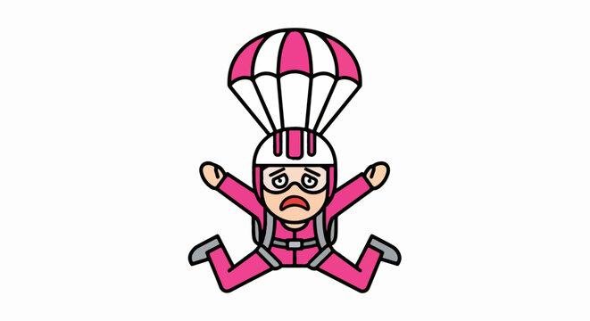 Cartoon Character Skydiving With Colorful Parachute Expression.