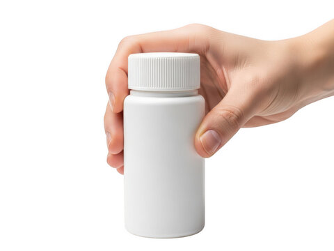 Hand holding white pill bottle with cap
