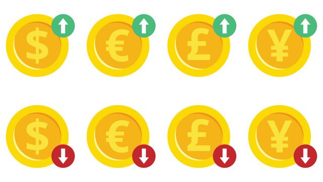 Global economy and business finance vector illustration featuring a money coin icon set for currency exchange and investment.