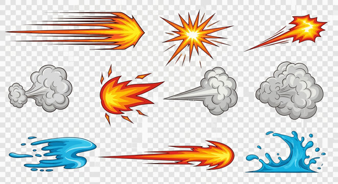 Dynamic Cartoon Speed and Explosion Effects Set. Comic-style illustrations of motion lines, fire trails, smoke, and water splashes for high-impact scenes