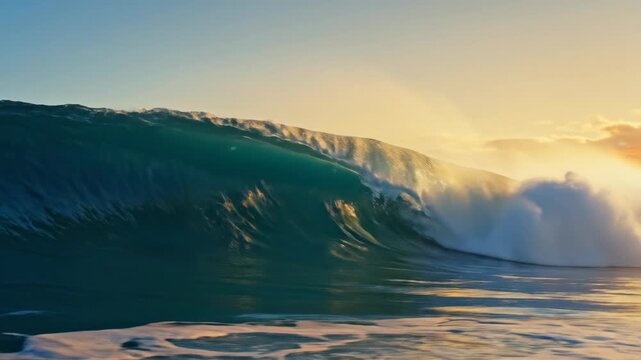 Large ocean wave breaking during sunset. Surfing swell rolling over reef in tropical water. Natural marine movement, liquid energy and power of sea at dusk